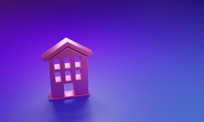 Pink House icon isolated on purple-blue background. Home symbol. Minimalism concept. 3D render illustration
