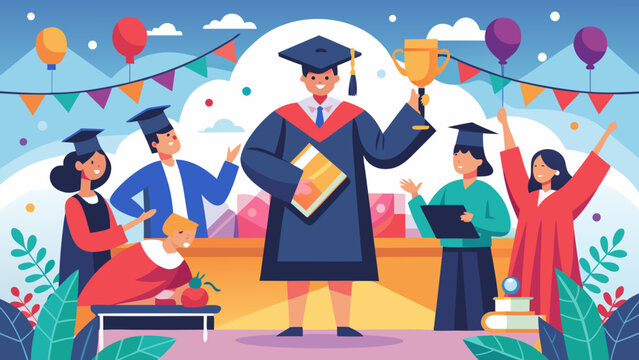 Vector art of a jubilant graduate holds a trophy high, surrounded by their friends and family, celebrating their outstanding academic achievements
