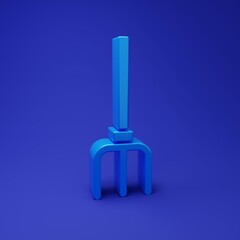Blue Garden pitchfork icon isolated on blue background. Garden fork sign. Tool for horticulture, agriculture, farming. Minimalism concept. 3D render illustration