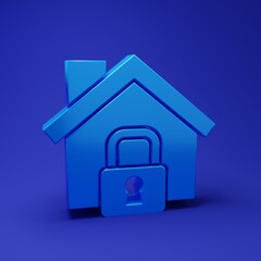 Blue House under protection icon isolated on blue background. Home and lock. Protection, safety, security, protect, defense concept. Minimalism concept. 3D render illustration