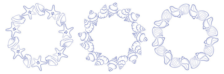 Collection of three circular marine frames featuring seashells, sea stars and spiral shells. Hand-drawn ocean borders in linear style for summer invitations, logos and nautical design.