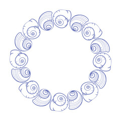 Circular marine frame composed of spiral seashells. Hand-drawn outline design for nautical decor, ocean labels, and summer-themed layouts.