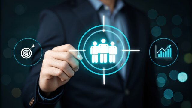 Businessman targets team growth and financial success with digital interface