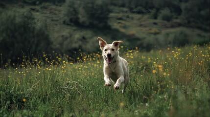 Happy dog running freely in a green field.