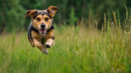 Happy dog running freely in a green field.