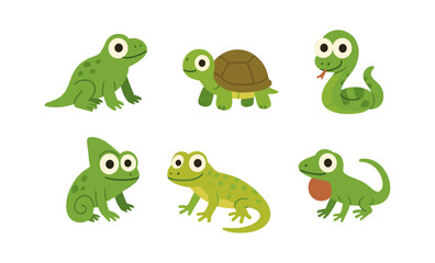 Fototapeta premium Cute cartoon reptiles: alligator, frog, turtle, snake, chameleon, lizard illustrations