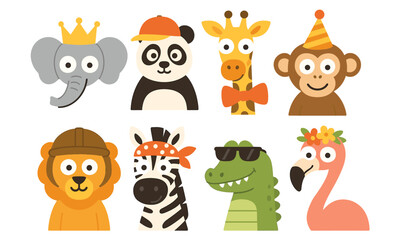 Obraz premium Cute cartoon animal characters with hats and accessories for kids