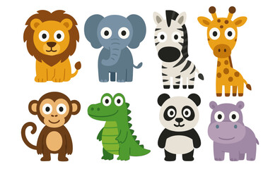 Obraz premium Cute cartoon safari animals set: lion, elephant, zebra, giraffe, monkey, crocodile, panda, hippo