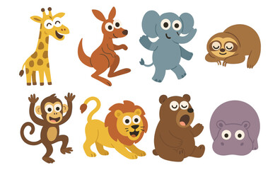 Adorable cartoon safari animals with playful expressions for kids' designs