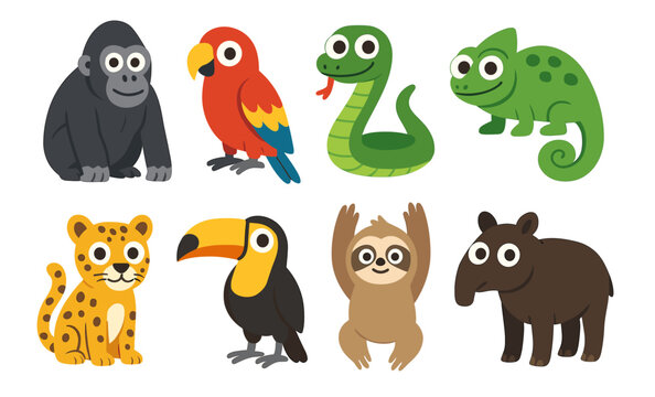 Cute cartoon jungle animals collection: parrot, snake, chameleon, gorilla, and more