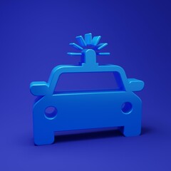 Blue Police car and police flasher icon isolated on blue background. Emergency flashing siren. Minimalism concept. 3D render illustration