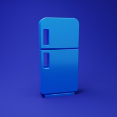Blue Refrigerator icon isolated on blue background. Fridge freezer refrigerator. Household tech and appliances. Minimalism concept. 3D render illustration