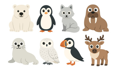 Obraz premium Cute arctic animals collection: polar bear, penguin, arctic fox, walrus, seal, owl, puffin, reindeer illustrations