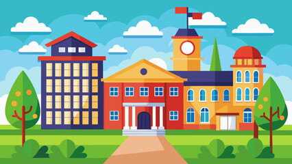 Vector art of a modern and classic school campus with a mix of architectural styles, including a tall tower and a traditional building, creating a vibrant and diverse learning environment