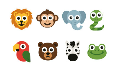 Fototapeta premium Colorful animal faces with sound labels for kids' learning