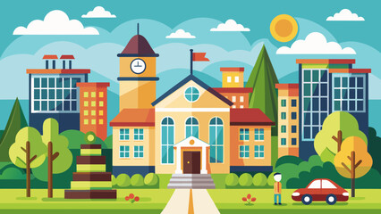 Vector art of a charming illustration showcases a school building nestled in a vibrant city landscape, with a tranquil park and modern highrises in the background under a sunny sky