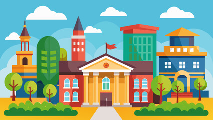 Vector art of a cheerful illustration showcases a vibrant school campus, featuring various buildings, lush green trees, and a bright sunny sky