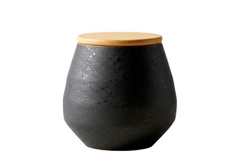 Textured black ceramic jar with natural bamboo lid isolated on transparent background