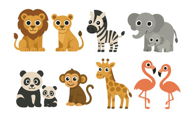 Fototapeta premium Cute cartoon safari animals with baby companions