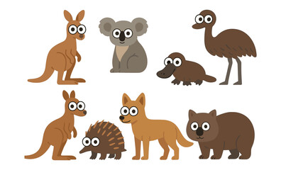 Obraz premium Cute cartoon australian animals collection featuring kangaroo, koala, platypus, emu, and wombat