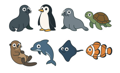 Cute cartoon marine animals: seal, penguin, turtle, otter, dolphin, ray, clownfish