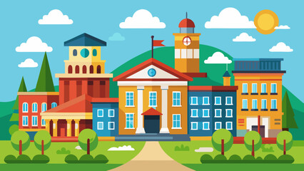 Vector art of a picturesque school campus nestled against a mountain backdrop, with a variety of colorful buildings and lush green trees under a bright summer sky