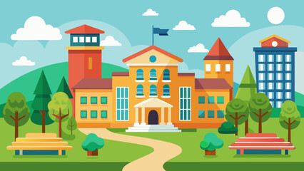 Vector art of inviting benches sit beneath the shade of trees on a sunny school campus, where a variety of colorful buildings create a lively atmosphere