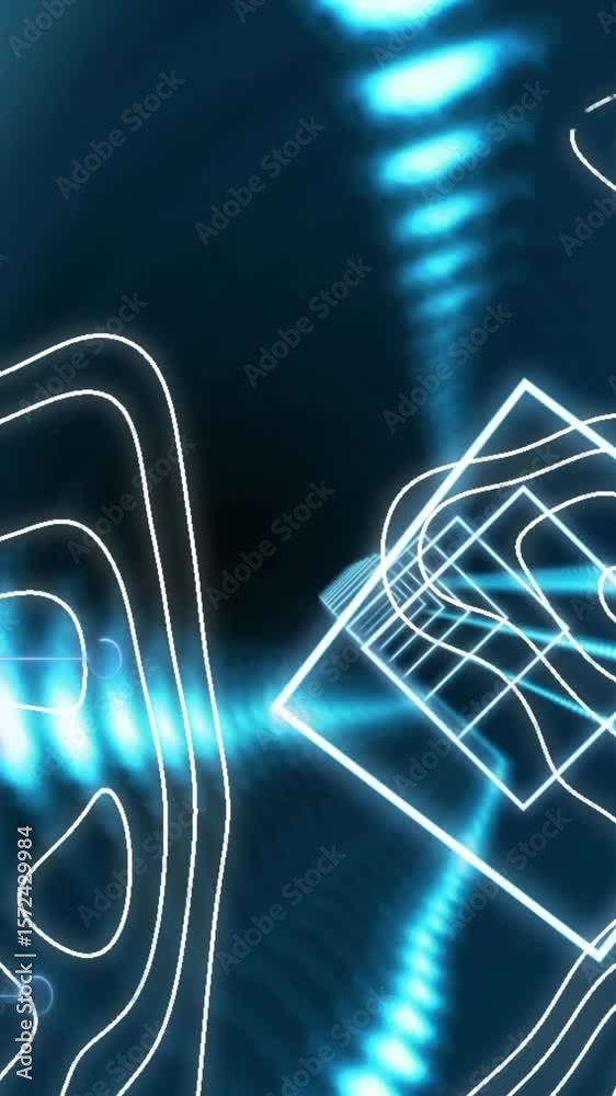Poster animation of illuminated squares and abstract patterns moving over electric circuit board patterns