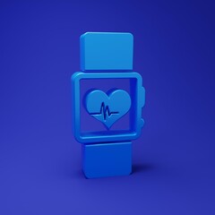 Blue Smart watch showing heart beat rate icon isolated on blue background. Fitness App concept....