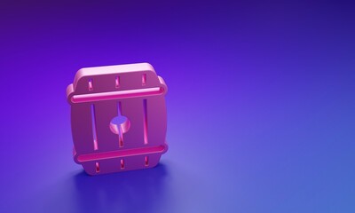 Pink Wooden barrel icon isolated on purple-blue background. Alcohol barrel, drink container, wooden keg for beer, whiskey, wine. Minimalism concept. 3D render illustration