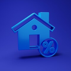 Blue House with percant discount tag icon isolated on blue background. Real estate home. Credit percentage symbol. Minimalism concept. 3D render illustration