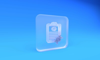 Frosted glass Clipboard with DNA analysis icon isolated on blue background. Genetic engineering,...