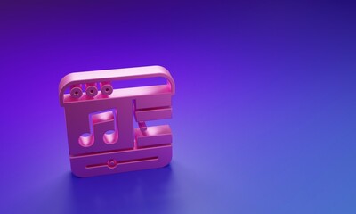 Pink Music player icon isolated on purple-blue background. Portable music device. Minimalism concept. 3D render illustration
