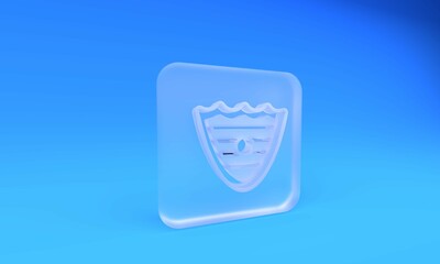 Frosted glass Shield icon isolated on blue background. Guard sign. Security, safety, protection, privacy concept. Square frosted glass button. 3D render illustration