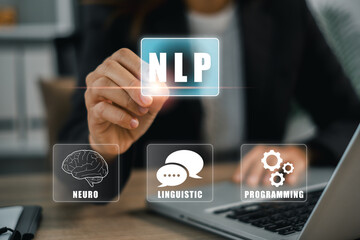 Visual representation of Neuro Linguistic Programming with digital icons and human interaction in a business setting.