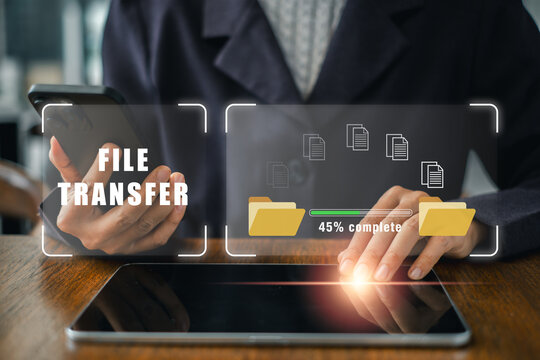 Visual representation of digital file transfer using smartphone and tablet, highlighting modern data exchange technology.