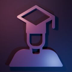 Purple Graduate and graduation cap icon isolated on purple-blue background. Minimalism concept. 3D render illustration
