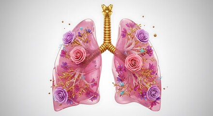 Conceptual Artistic Lung with Flowers and Golden Accents Anatomical Illustration