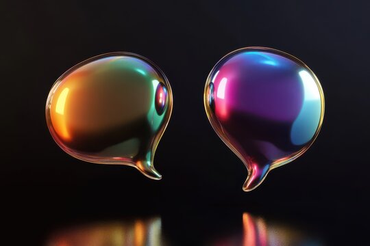Metallic gradient chat bubble designs floating on black background, 3D Rendering. A series of colorful bubbles with a black background.