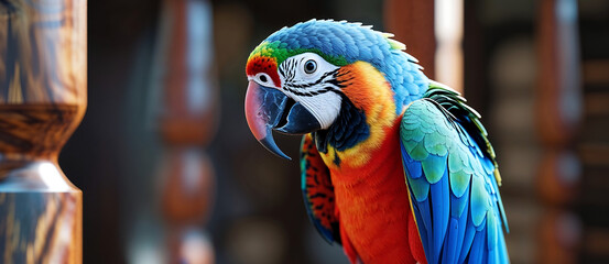 Detailed Realistic Portrait of a Parrot in Warm Interior Light, Showcasing Rich Plumage and Subtle Textures in a Rustic Setting

