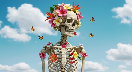 Detailed Surreal Human Skeleton Adorned with Tropical Flowers Against Cloudy Sky