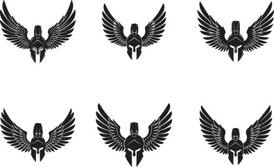 Naklejka premium Set of six black spartan helmets with wings in silhouette style