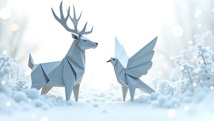 Origami vector animals (reindeerdove) folded from metallic paper, dissolving into geometric snowdrifts, minimalist abstract.