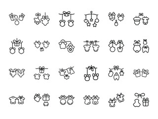 Baby Shower Gift Silhouette Icons Collection – Cute Newborn Present Decorations and Baby Clothes in Black Line Style on White Background – Perfect for Invitations, Decorations, Websites, and Gender Re