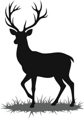 Vector art of silhouette of a walking stag with prominent antlers in grass isolated on white background