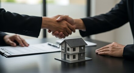 Real Estate Handshake Closing Deal Featuring Miniature House and Contract