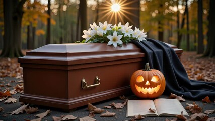 Mahogany coffin with lilies and jack-o'-lantern in autumn cemetery, Halloween funeral theme