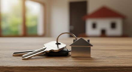 Shiny Metallic House Key on Wooden Table with Blurry Interior