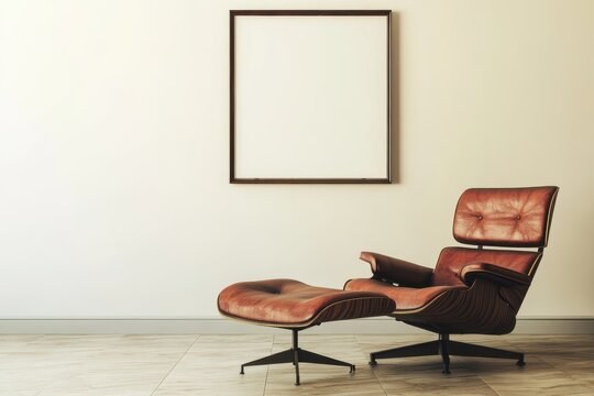 A white wall with a large blank canvas. Minimalist living room with blank framed canvas on wall and modern wooden furniture.