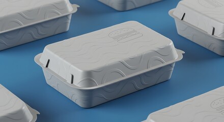 Minimalist Styrofoam Food Container with Burger Icon on Blue Background Mockup